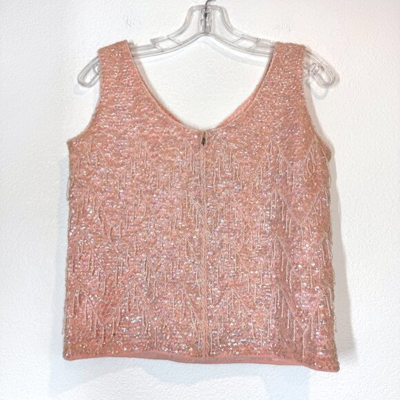 Vintage 1960s Pink Beaded Sequin Wool Top Medium Hong Kong Sleeveless Tank Fancy - Picture 2 of 9